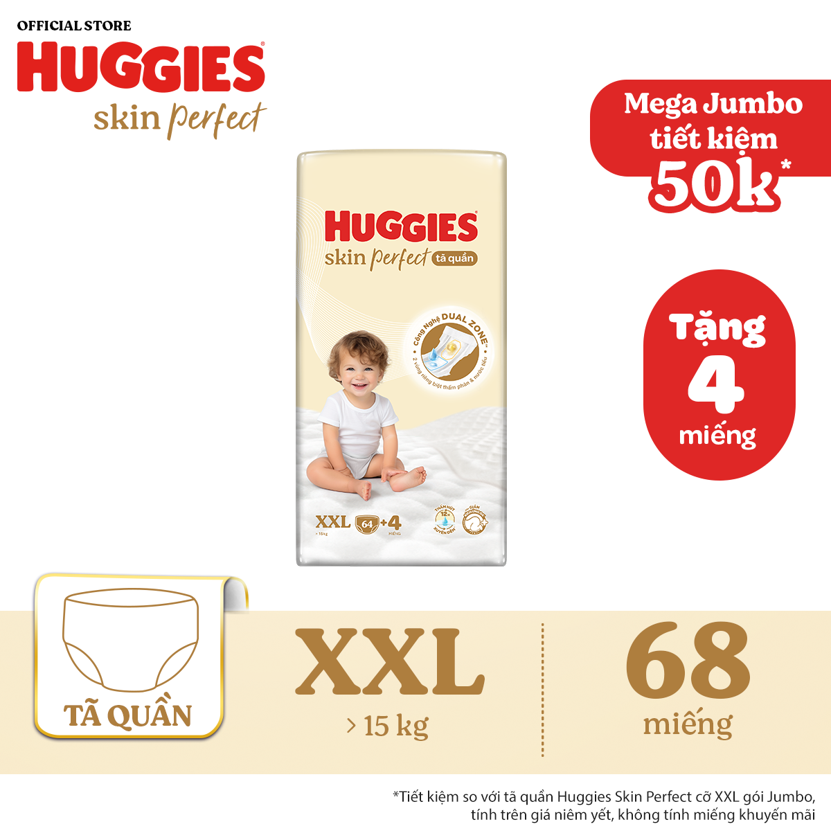 [20h 7-10.8 QUÀ TẶNG ĐH 699K] Tã quần Huggies Skin Perfect XXL size Mega Jumbo 64+4 miếng