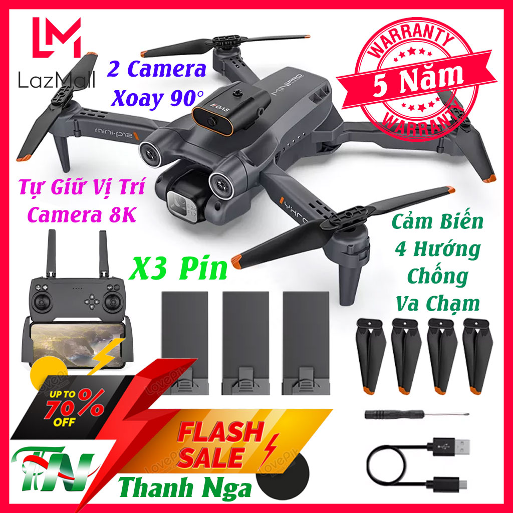 Flycam Mini Camera Giá Rẻ P12 Pro Max - Máy bay điều khiển từ xa 4 cánh cảm biến chống va chạm tránh chướng ngại vật hồng ngoại chức năng cài đặt độ cao 8K ống kính kép