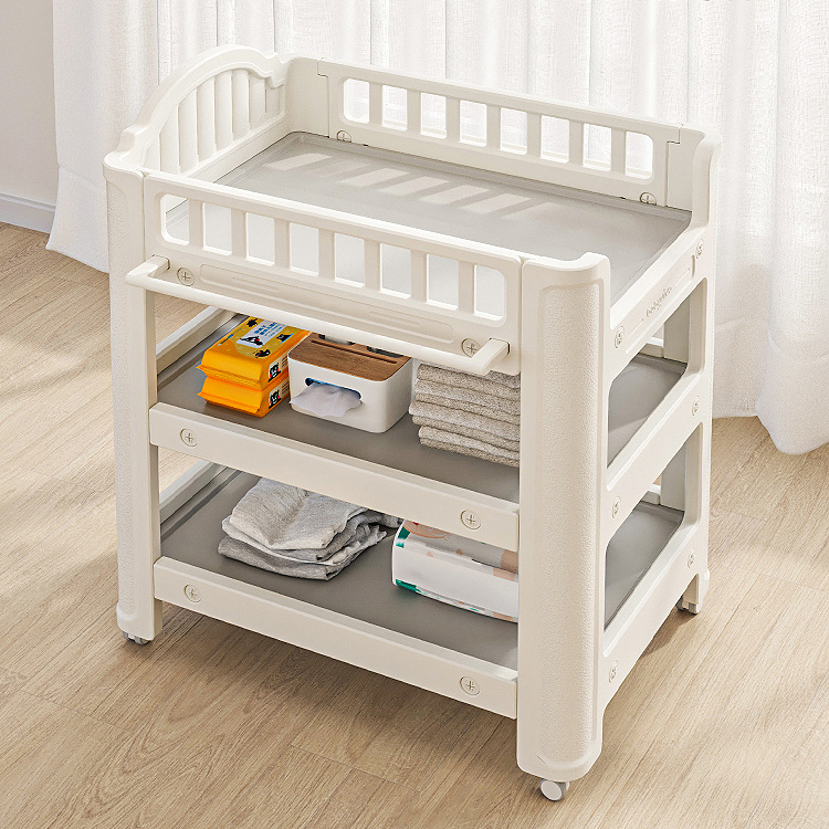 Babyviva Bàn thay tã kết hợp tủ đựng đồ di động 3 tầng chứa đồ Plastic dành cho trẻ sơ sinh Góc bo tròn mềm an toàn Bánh xe xoay 360° có phanh an toàn