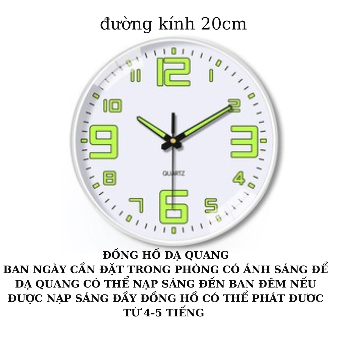 Đồng hồ treo tường dạ quang phát sáng kim trôi không tiếng động quazt đường kính 20cm 30cm
