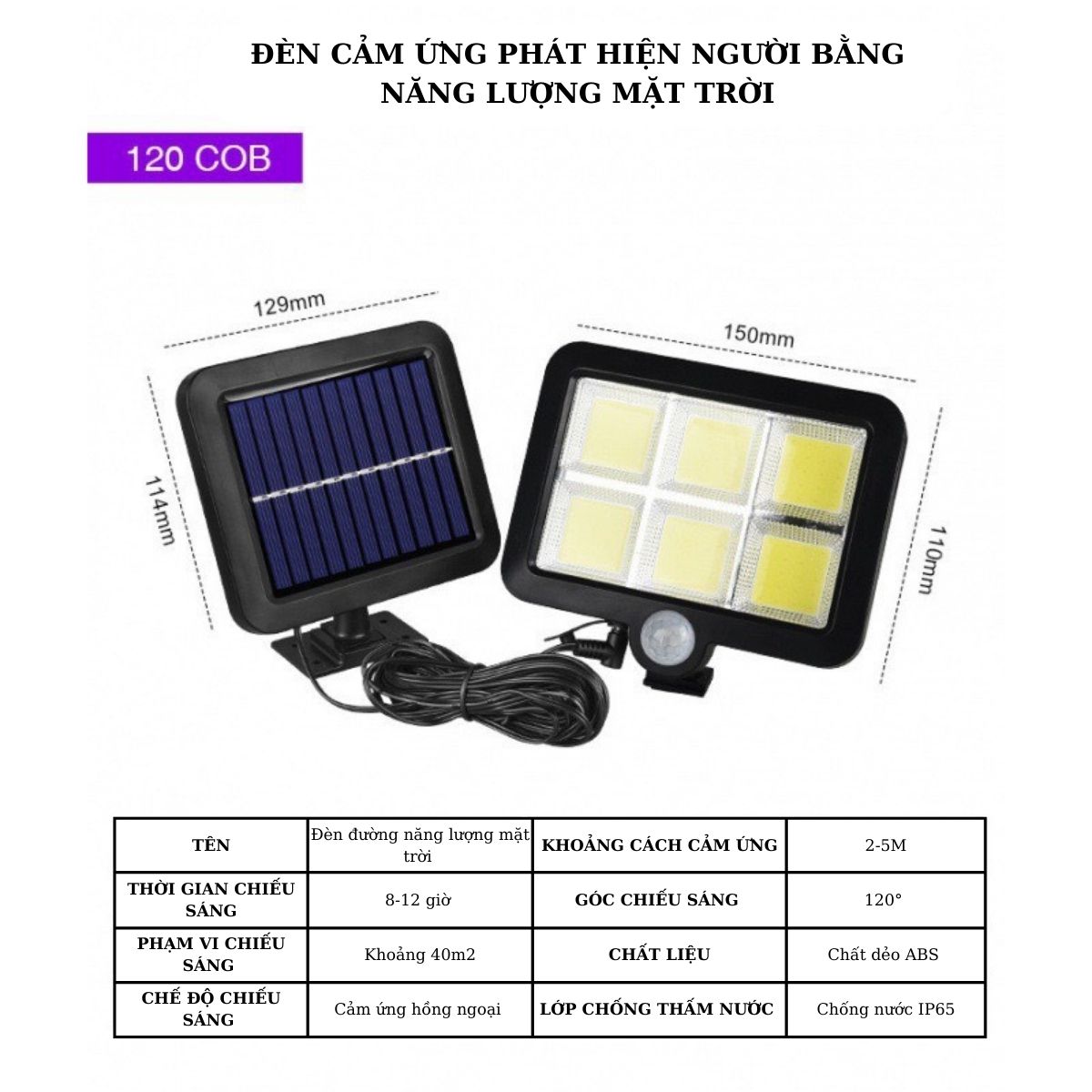 Đèn năng lượng mặt trời cảm biến chuyển động 6 COB 120 tấm pin dây nối dài 5m nhận diện người từ xa 3 chế độ sáng