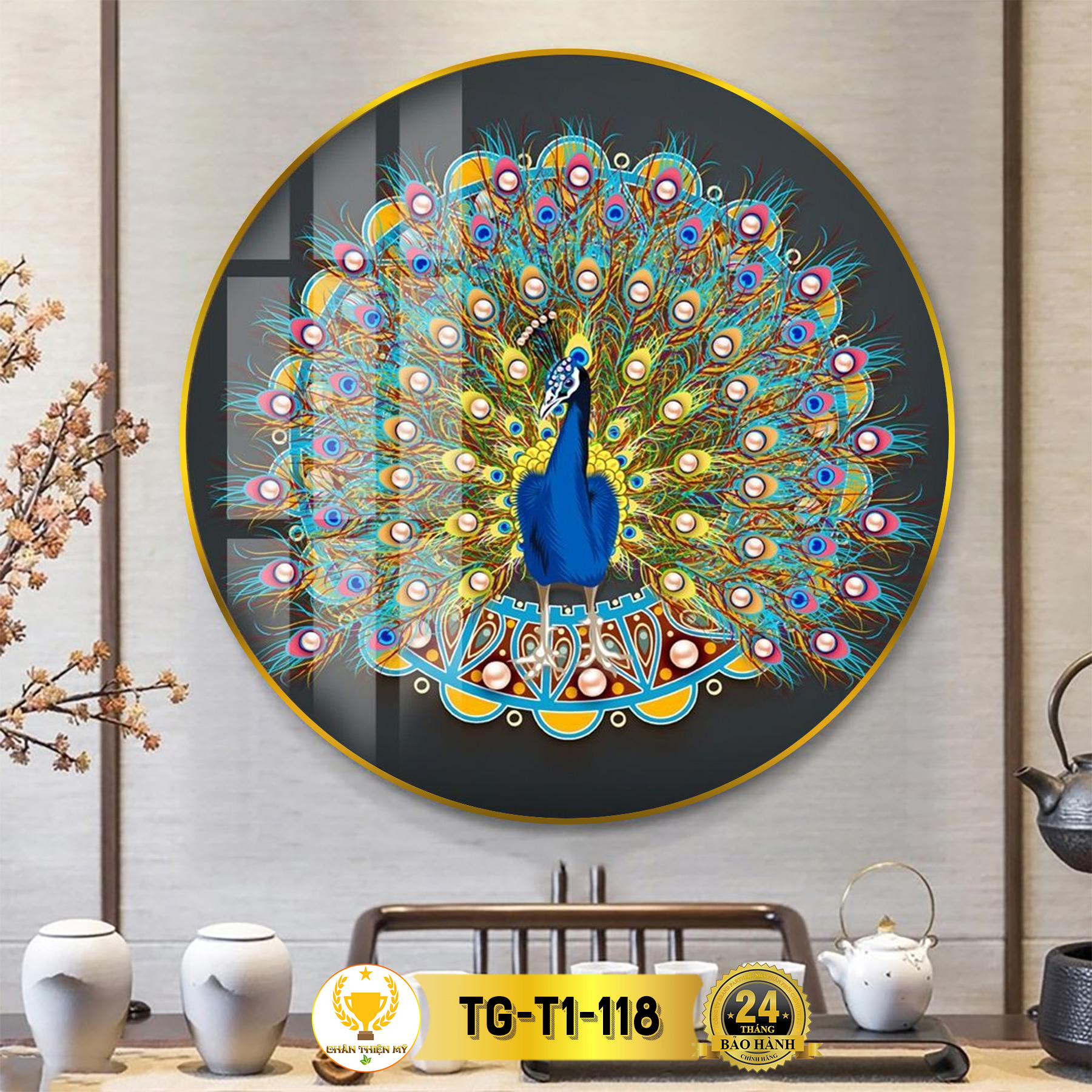 Tranh Tráng Gương Pha Lê Tròn CHÂN THIỆN MỸ Tranh Decor Treo Tường Trang Trí Phòng Hoa Sen Vàng TG-T