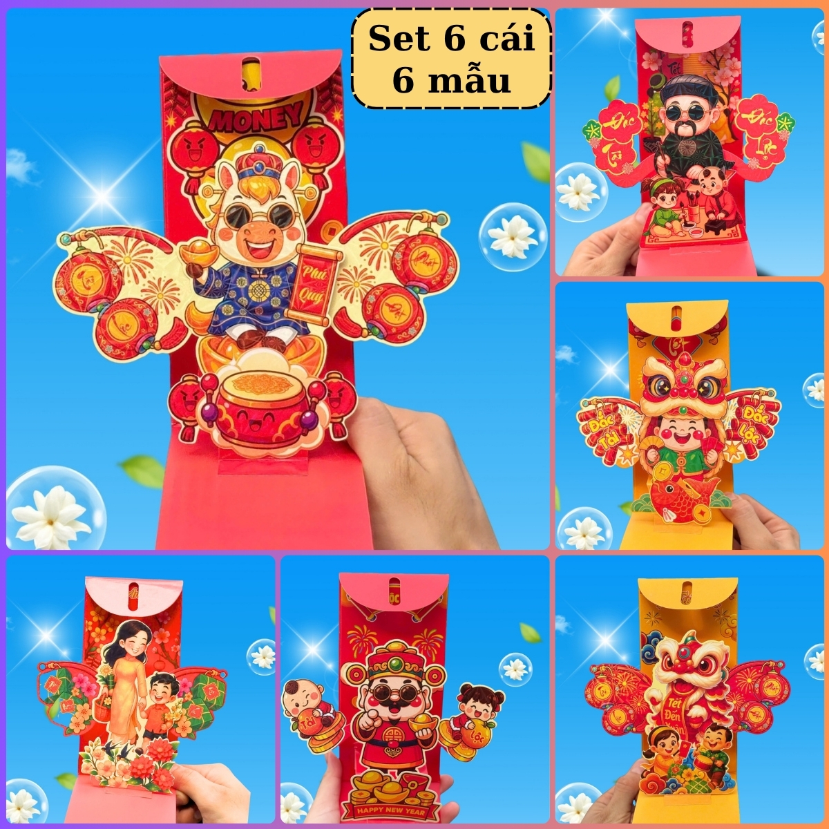 Combo 6 Bao Lì Xì 3D PopUp Cao Cấp Trọn Bộ 6 Mẫu Lì Xì Thiết Kế In Nổi Mẫu Mới Tết 2026 BEYOU DIY