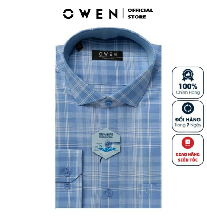 Áo sơ mi nam dài tay OWEN AR221052DT somi công sở vải nano cao cấp mềm mát chống nhăn kẻ caro xanh t