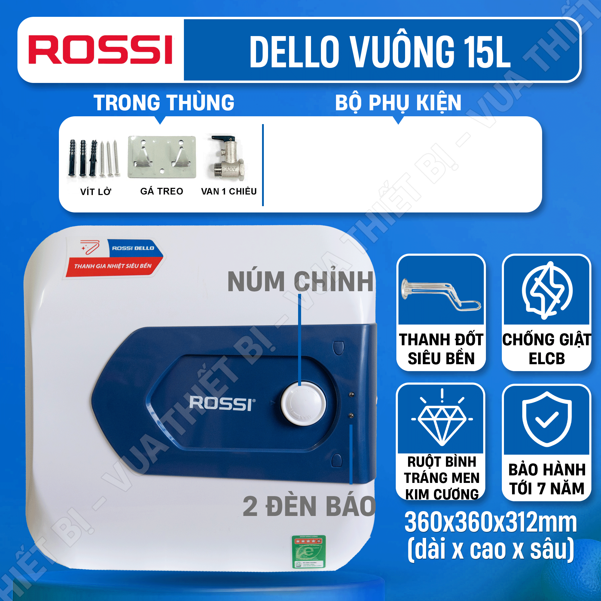 15L 20L 30L | ROSSI DELLO 15 20 30 lít vuông - Bình nóng lạnh máy nước nóng gián tiếp 2500w