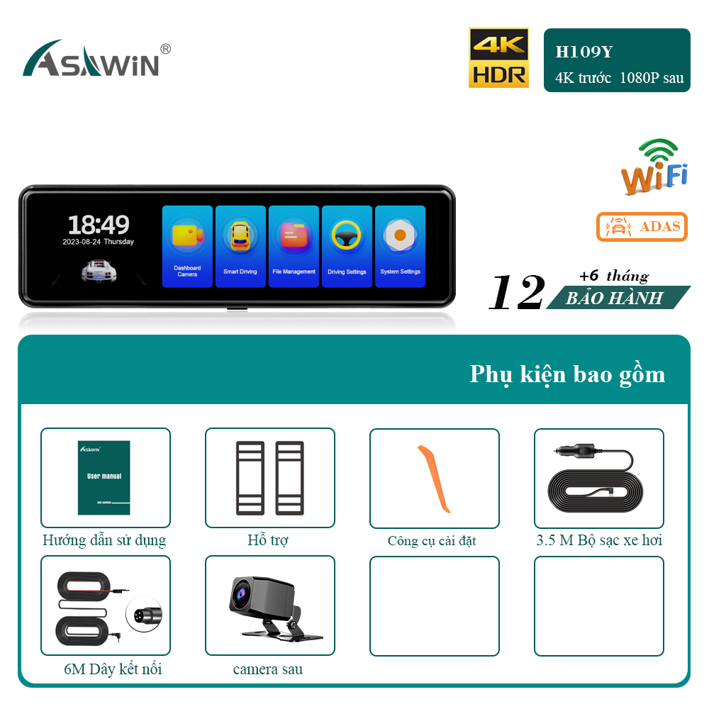 4K WIFI Camera hành trình Asawin H109 Đường mòn lái xe ADAS Gương chiếu hậu Camera xe hơi Chế độ đỗ 