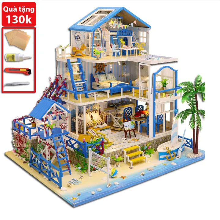 Mô hình nhà búp bê bằng gỗ có Đèn Led Nhà búp bê lắp ghép barbie bằng gỗ Mẫu Romantic Aegean Sea Tặn