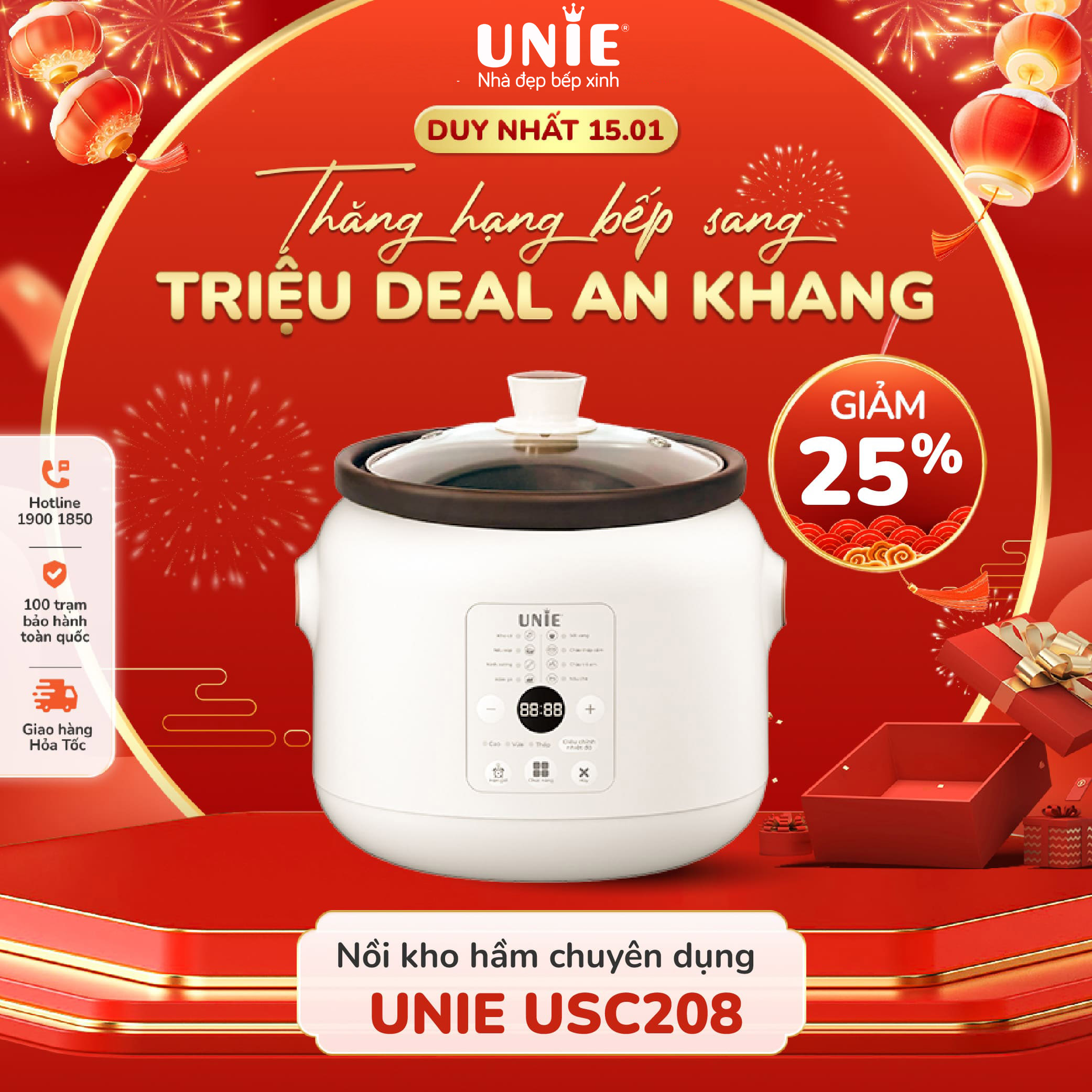 Nồi kho hầm chuyên dụng UNIE USC208 dung tích 2L 8 chức năng kho hầm tiện lợi lòng nồi gốm Ceramic h