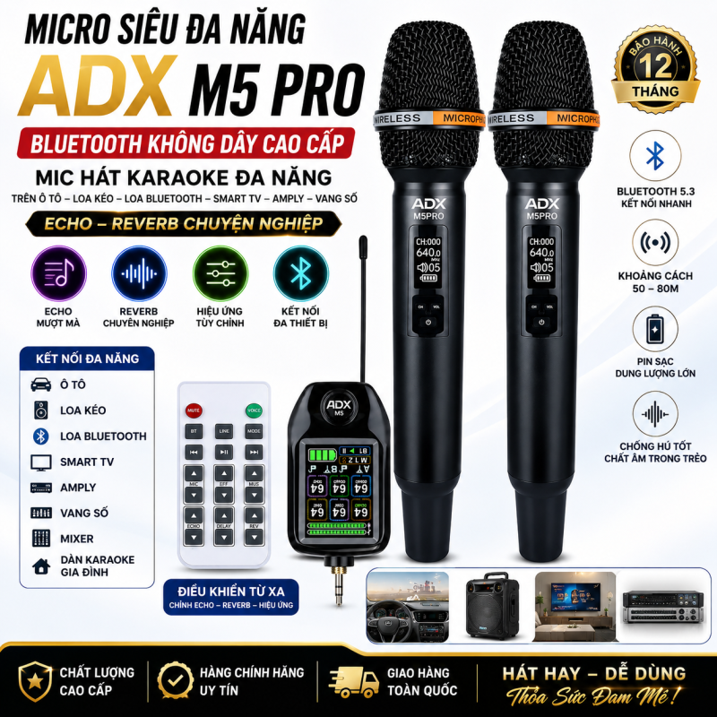 Micro Không Dây Siêu Đa Năng ADX M5 PRO Bluetooth 5.0 - Âm Thanh Chuyên Nghiệp Echo Reverb Chống Hú Pin Sạc Hát Karaoke Gia Đình Loa Kéo Ô Tô Amply