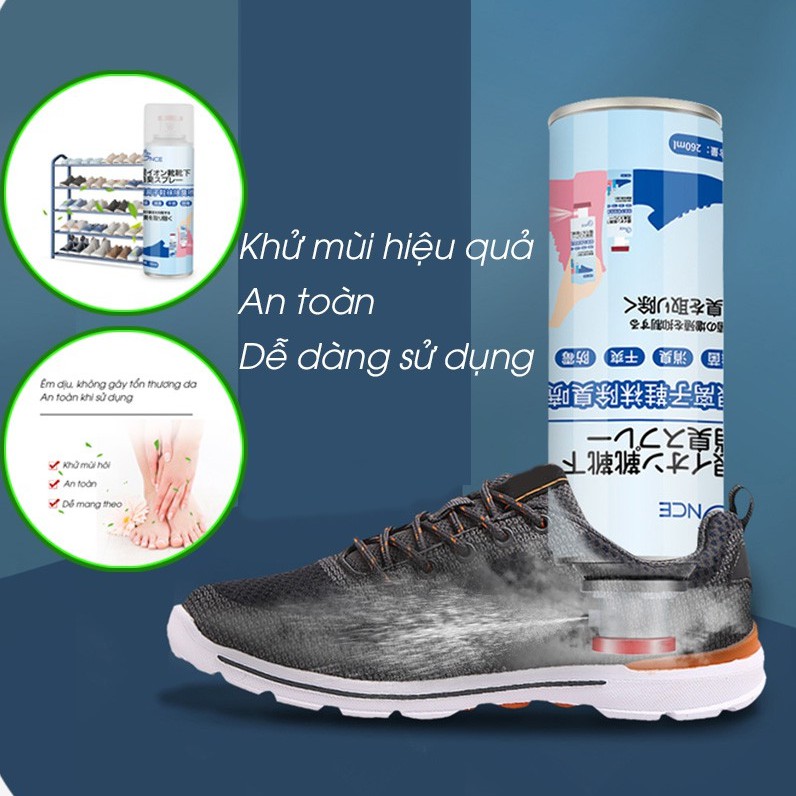 Chai Xịt Khử Mùi Giày 260ml - Công Nghệ ION Bạc Loại Bỏ Mùi Hôi Triệt Để Kháng Khuẩn Xịt khử mùi giầy dép  mũ bảo hiểm  xịt khử khuẩn giày hiệu quả ngay khi sử dụng