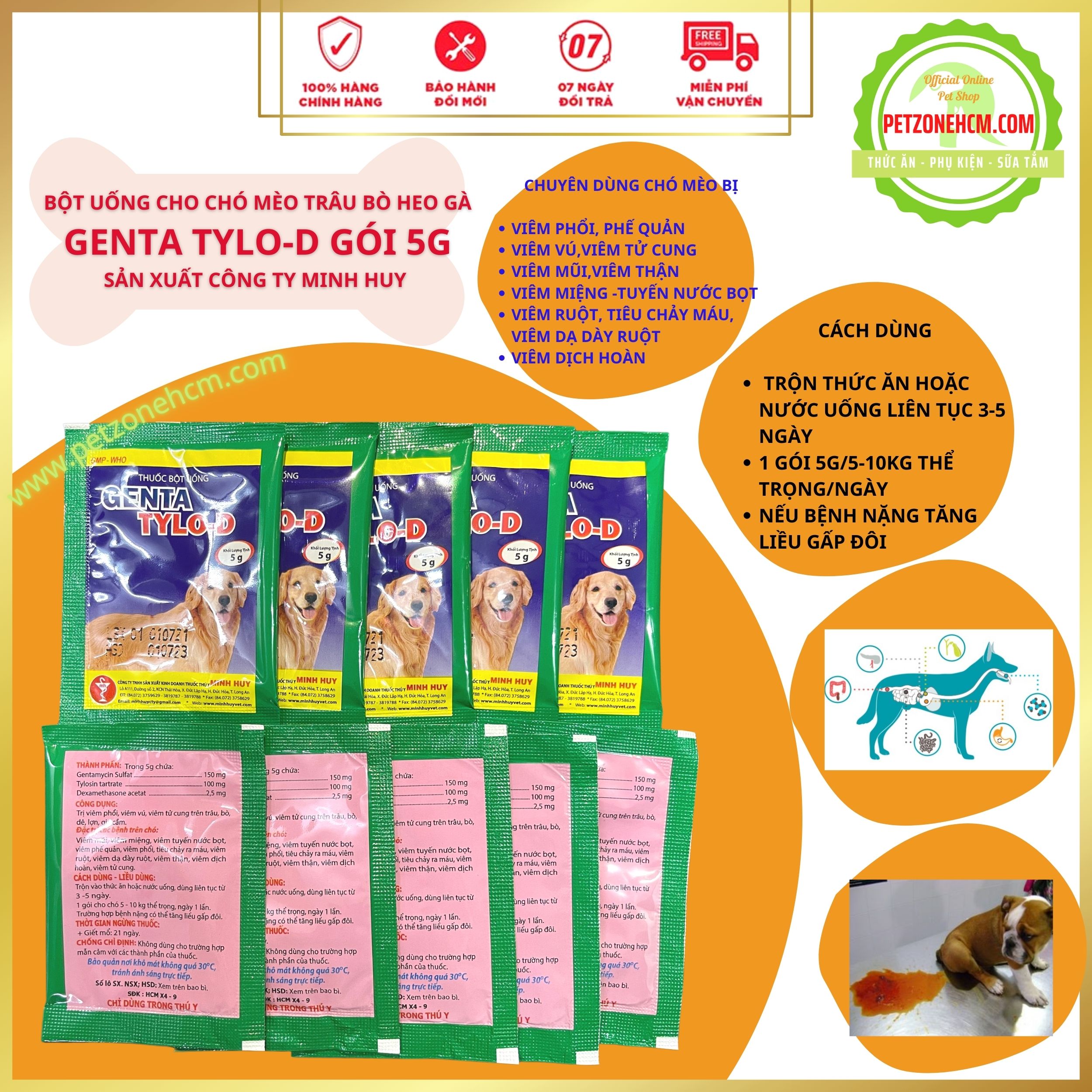 COMBO 5 gói Genta Tylo  D Minh Huy gói 5gr-   Kháng sinh đặc trị Viêm phổi - Viêm ruột tiêu chảy - ó