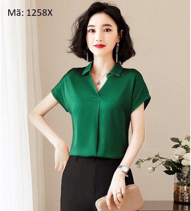 Áo sơ mi nữ kiểu tay ngắn cổ V vải satin lụa