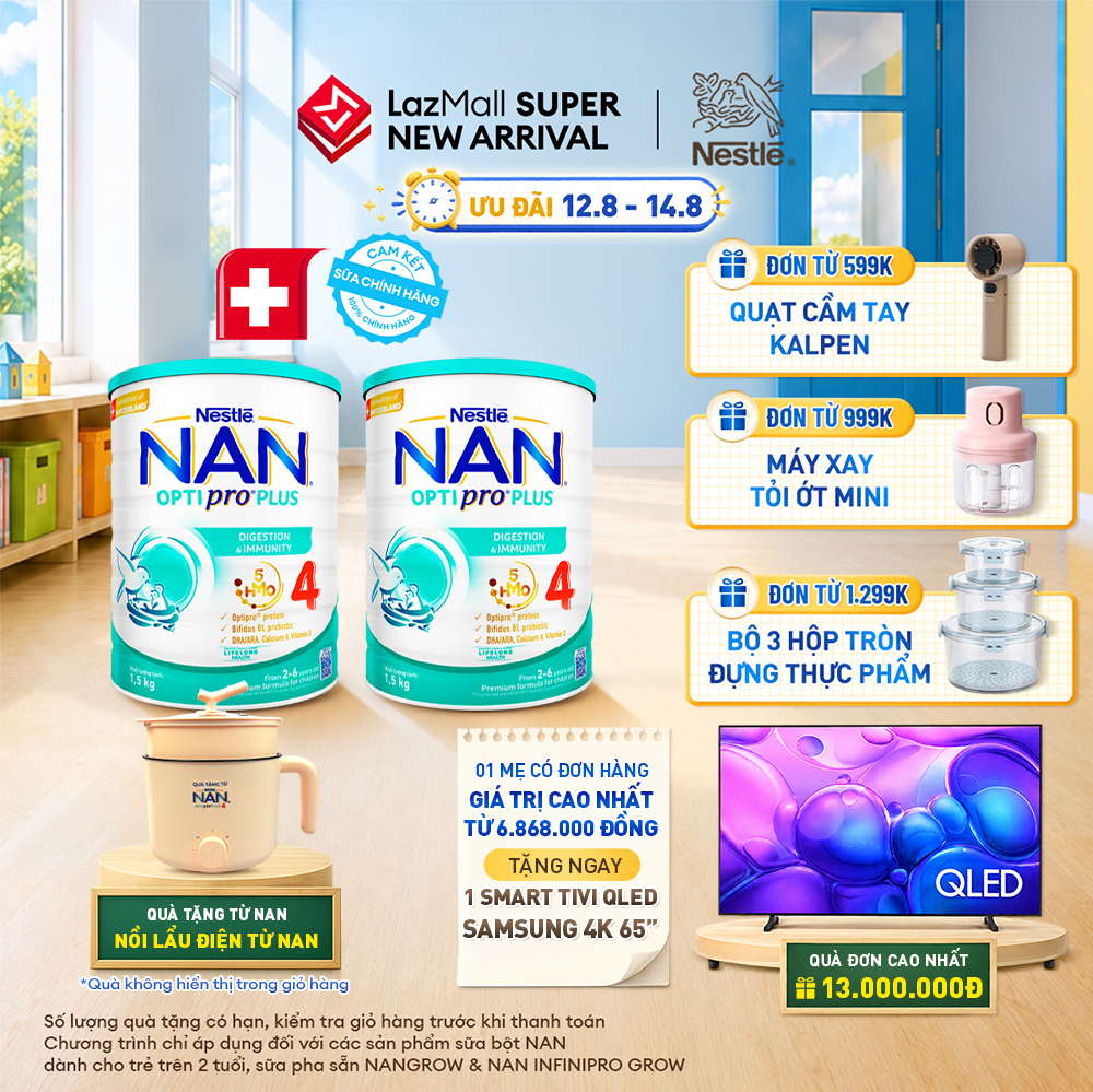 [CHỈ 12-14.08 QT ĐƠN 599K/999K/1299K] [Tặng Nồi lẩu điện] Bộ 2 lon Sữa bột Nestlé NAN OPTIPRO PLUS 4 1500g/lon với 5HMO Giúp tiêu hóa tốt cho bé từ 2 - 6 tuổi Sữa công thức dinh dưỡng cho trẻ giúp hỗ trợ tiêu hóa đề kháng trí não và phát triển toàn
