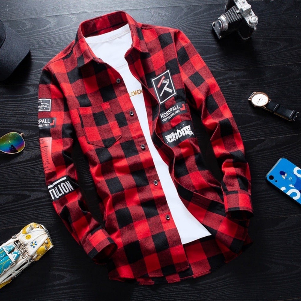 Áo sơ mi nam tay dài áo khoác sơ mi caro Flannel có túi form rộng thêu logo năng động kiểu dáng Hot 