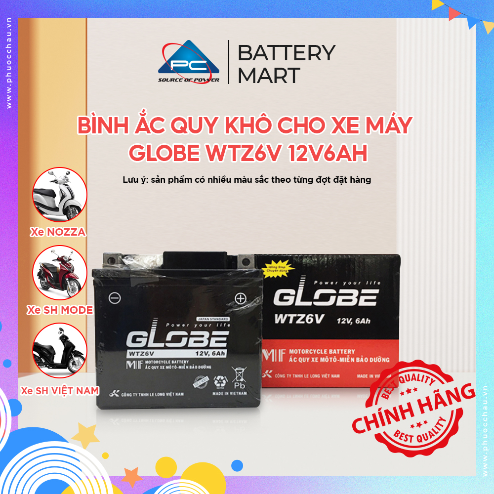 Bình Ắc Quy Khô Xe Máy GLOBE WTZ6V 12V6AH dùng cho NOZZA AirBlade SH MODE SH Việt Nam