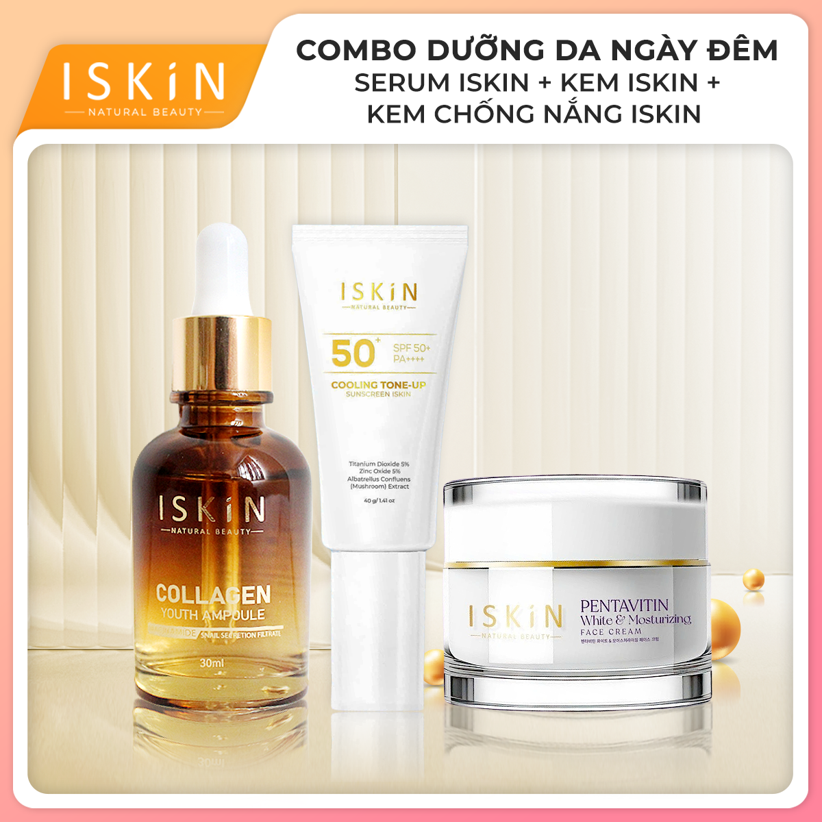 Combo 1 Serum Dưỡng Trắng Mờ Thâm ISKIN + 1 Kem Dưỡng Trắng Mờ Thâm ISKIN + 1 Kem Chống Nắng Nâng Tô