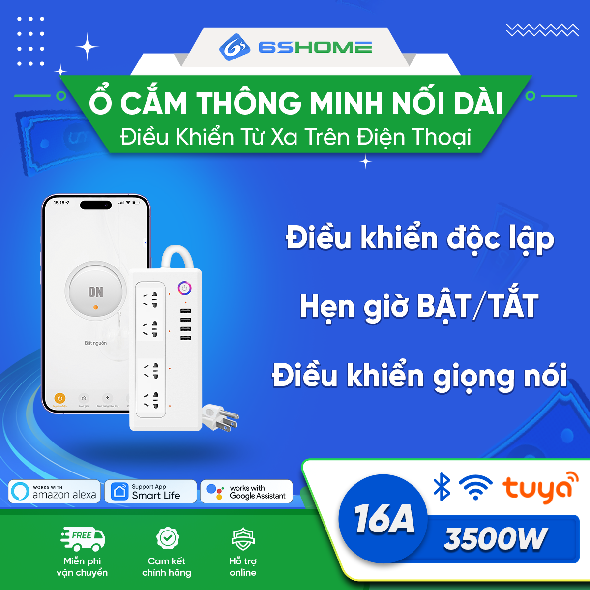 Ổ cắm điện thông minh hẹn giờ wifi 16A 6SHOME - Chức năng hẹn giờ điều khiển từ xa đo điện năng tiêu