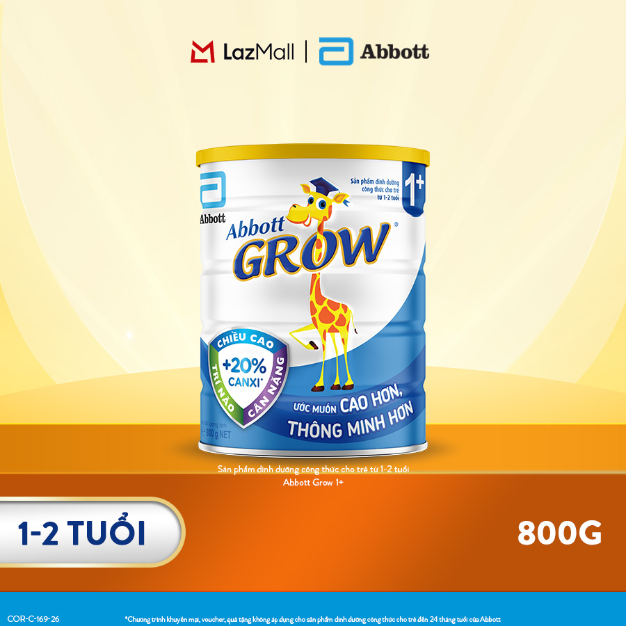 Sữa bột Abbott Grow 1+ 800/850g cho trẻ 12-24 tháng cung cấp đầy đủ dưỡng chất bổ sung canxi giúp răng chắc khỏe và tăng chiều cao vượt trội-Giới hạn 5 sản phẩm/khách hàng