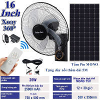 Bảo hành 2 năm- Quạt treo tường năng lượng mặt trời 16 inch Solar fan cỡ lớn có remote động cơ không chổi than công suất 25w dung lượng pin 25000mAh xoay 360 độ