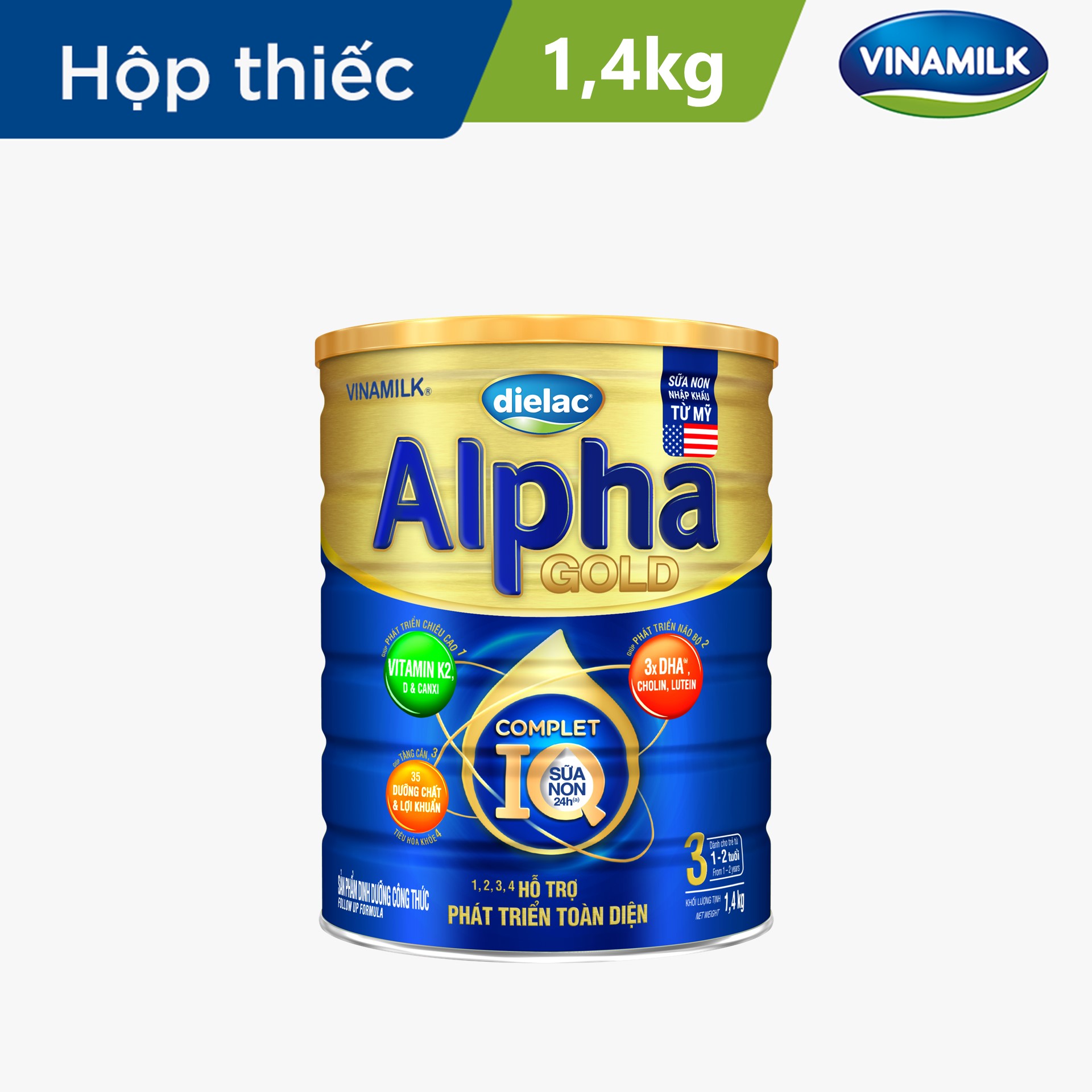 Sữa bột Vinamilk Dielac Gold 3 - Hộp thiếc 1400g (cho trẻ từ 1 - 2 tuổi) - Sữa công thức hỗ trợ phát triển trí não của trẻ tăng cân chiều cao