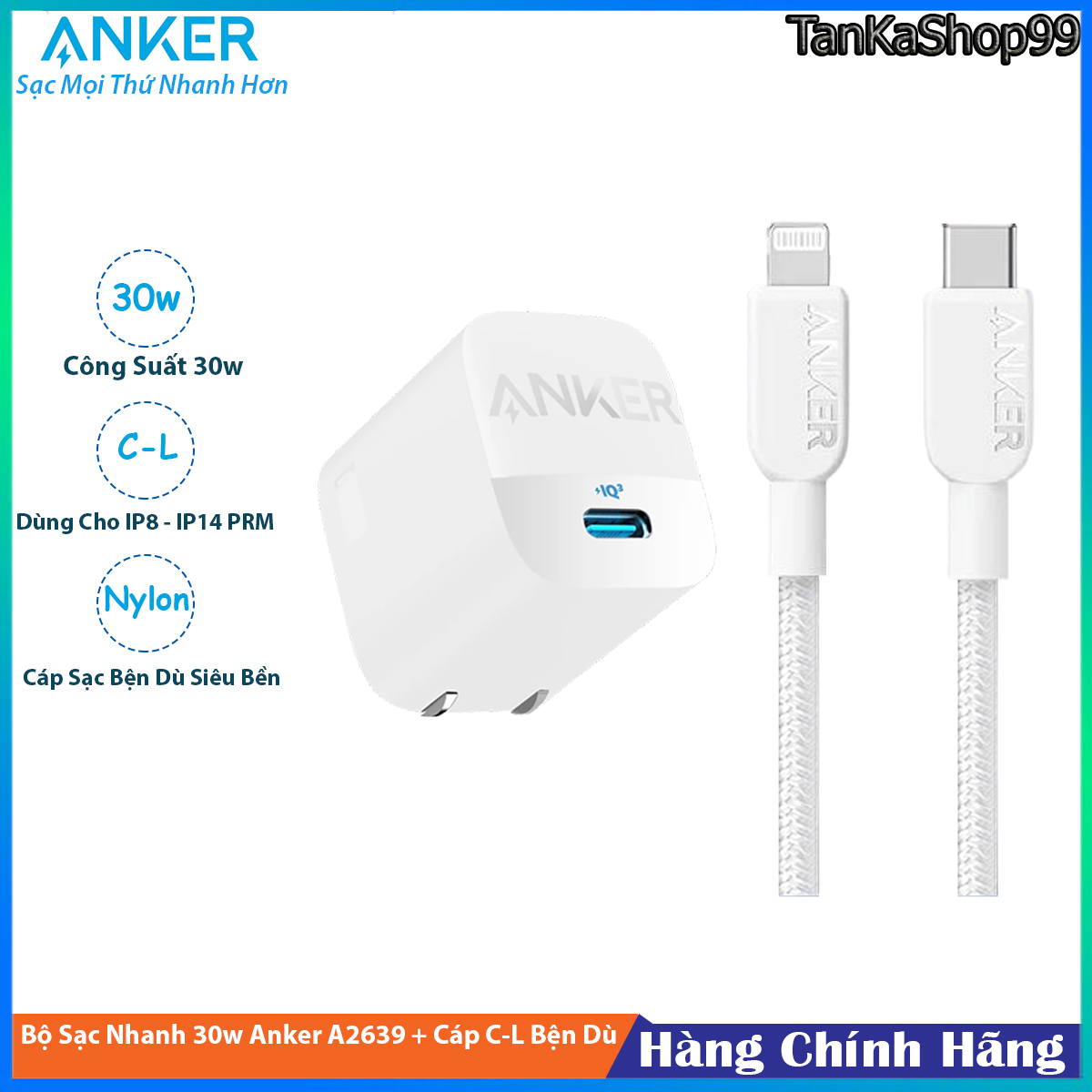 Sạc Anker 30w A2639 Kèm Cáp USB-C to Lightning A81A5 Bện Dù Cho iPhone 8 X 11 12 13 14 Pro Max Chuẩn
