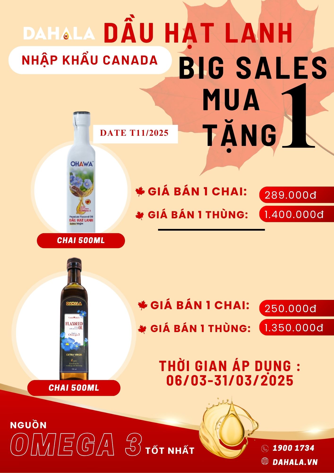 (Nhập khẩu từ Canada) - Dầu hạt lanh ép lạnh bền nhiệt OHAWA - Giàu Omega 369 - Hữu cơ - Chai 500ml 