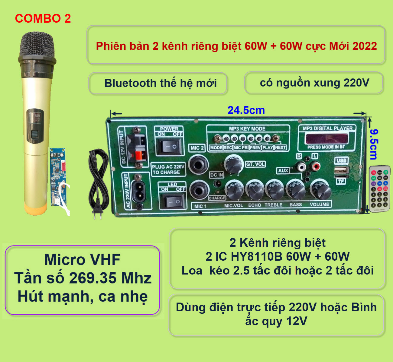 Mạch loa kéo 2 kênh riêng biệt 2 IC HY8110B 60W + 60W có nguồn xung 220V – Bluetooth thế hệ mới kèm 