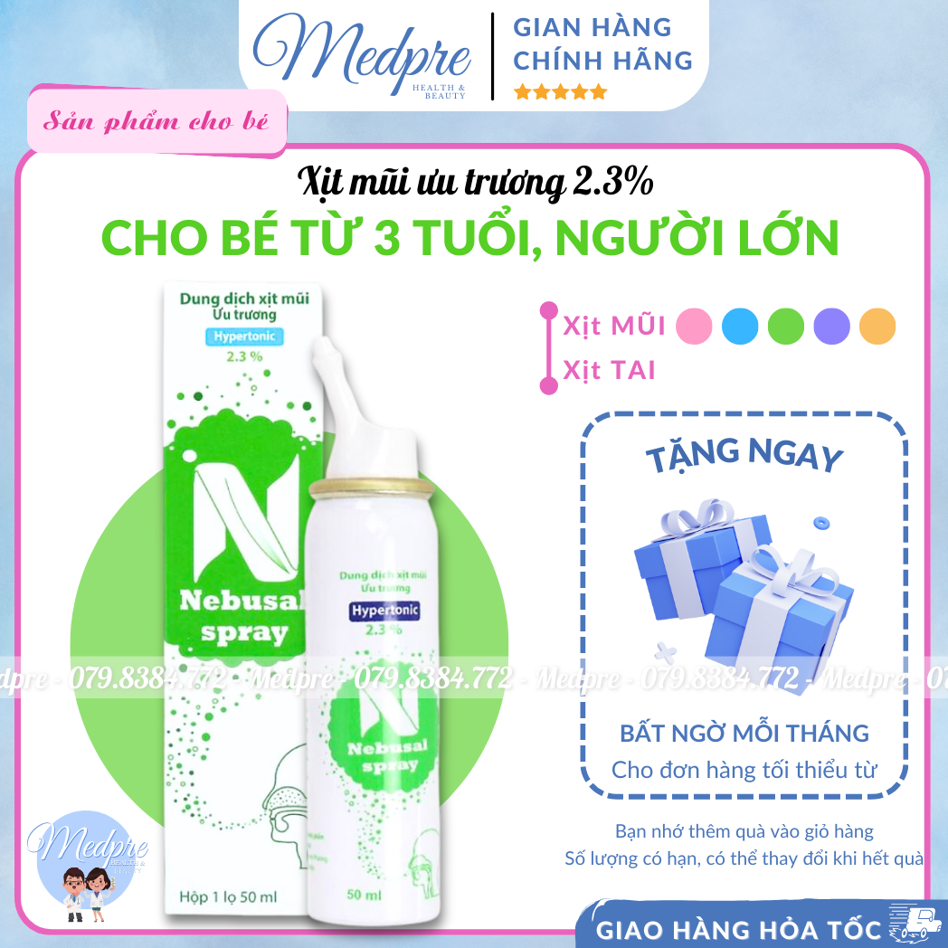 Dung dịch xịt mũi ưu trương Nebusal spray 2.3% - Giảm nghẹt mũi sổ mũi ở trẻ em từ 3 tuổi và người lớn - Medpre