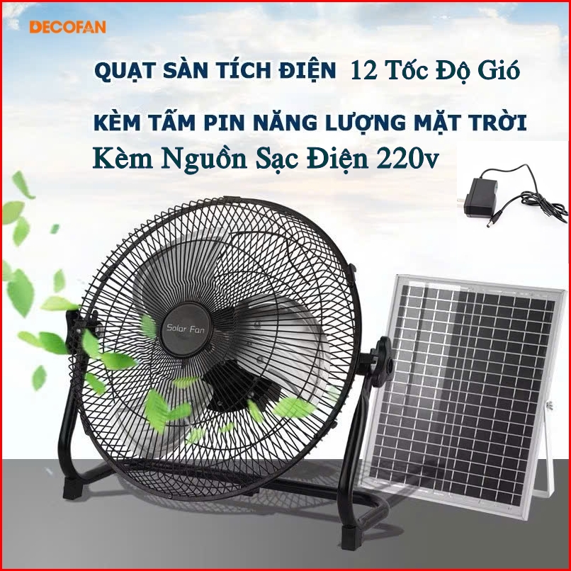 Quạt năng lượng mặt trời Sola fan 118F chân quỳ 12 tốc độ gió có kèm tấm năng lượng và củ sạc điện