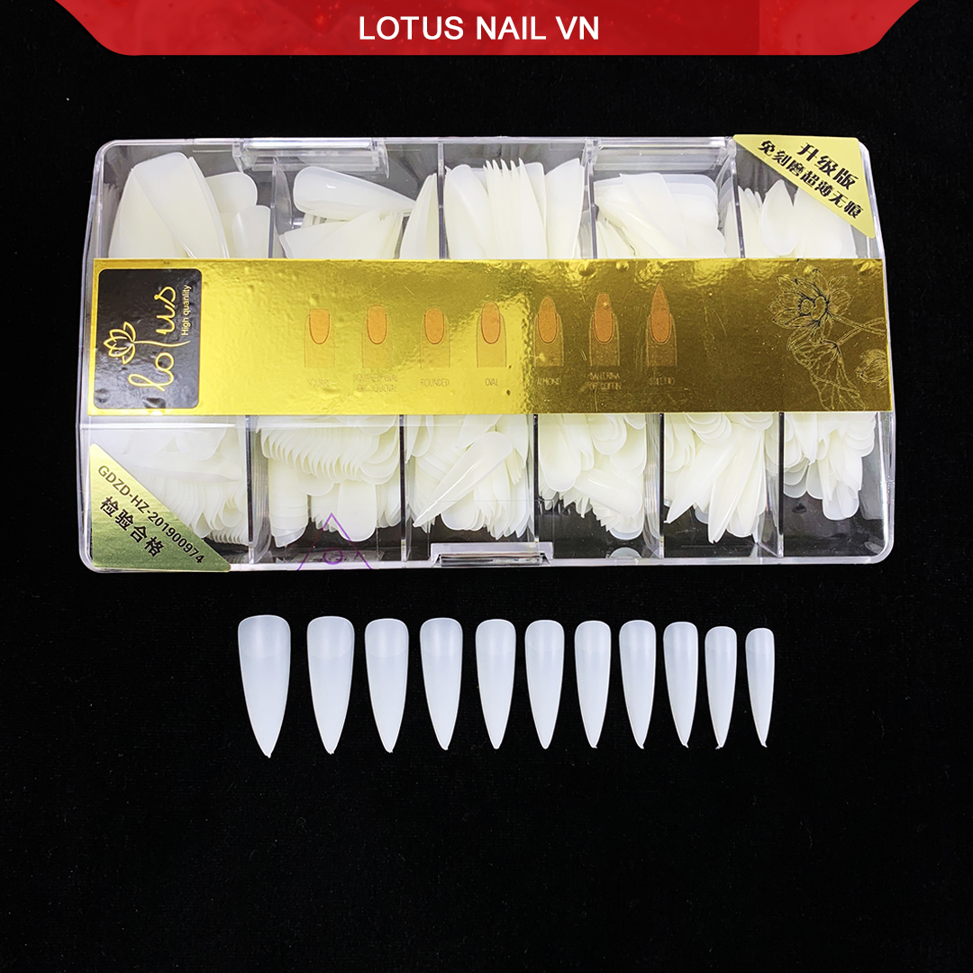Móng úp nhọn dài nhám sẵn Lotus hộp 500 móng đủ size từ 0-9 không cần phao nhám bề mặt