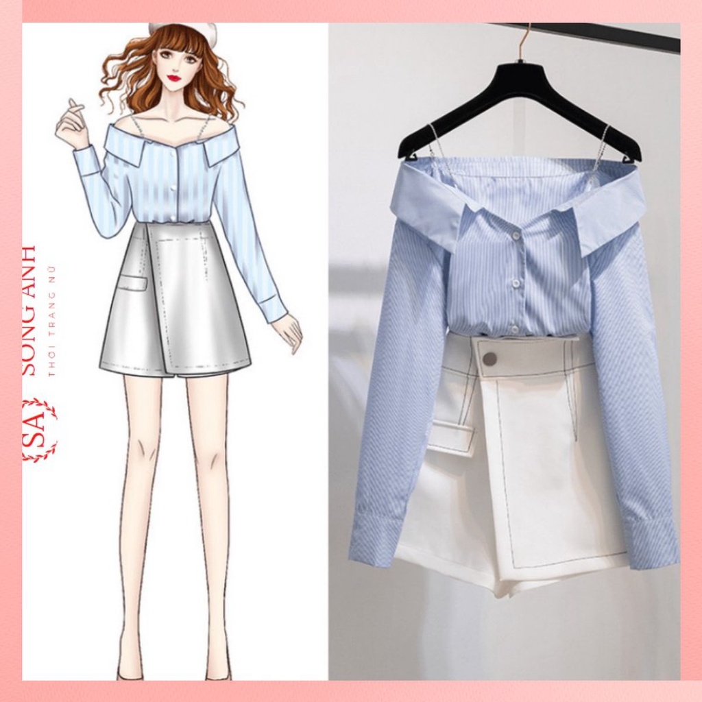 Quần giả váy nữ lưng cao quần short nữ cạp cao tà xếp lệch vải tuyết mưa đen/trắng