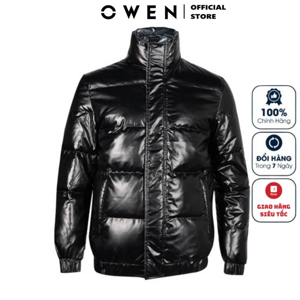 Áo khoác phao nam Owen JK220725 jacket nhẹ 2 lớp màu đen bóng vải polyester cao cấp dáng suông không mũ cổ đứng bo tay và gấu