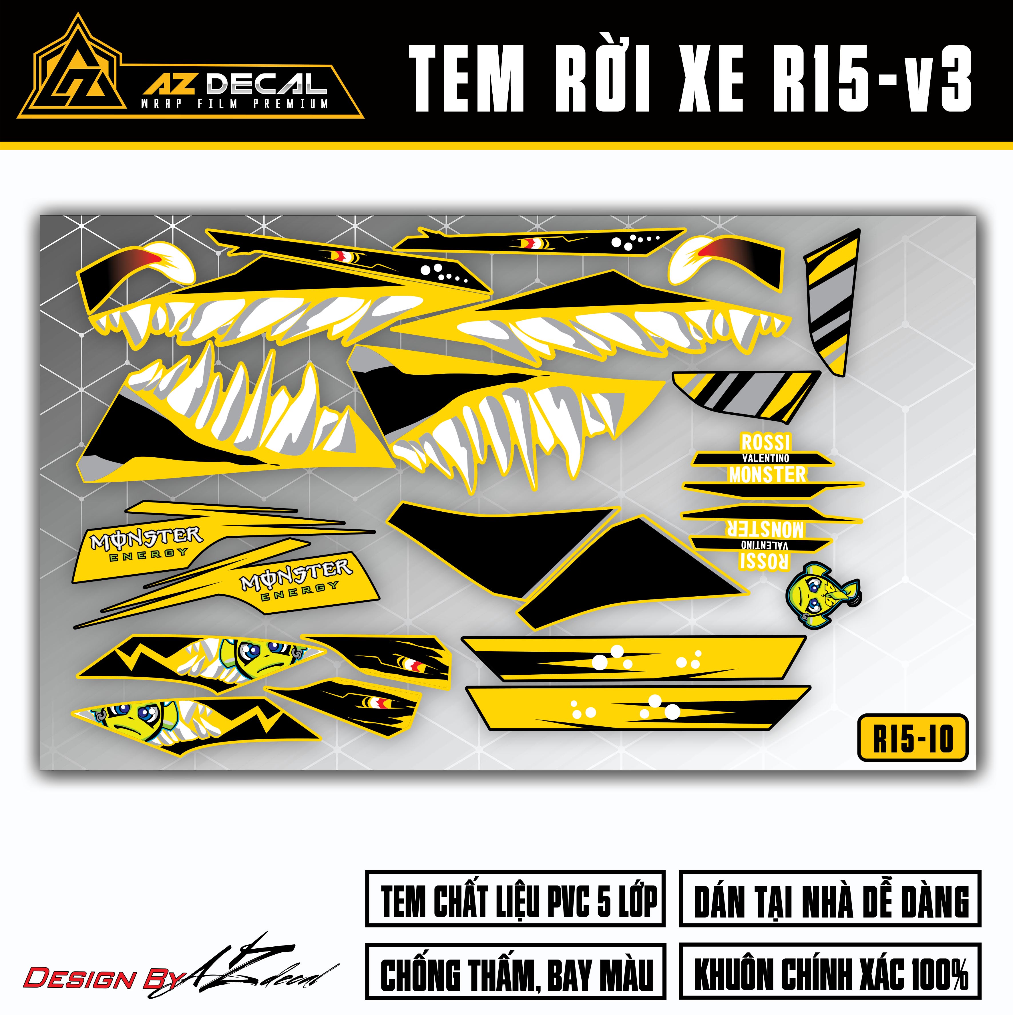 Tem Xe R15V3 Đẹp Mẫu Cá Mập Rossi | R15V310 | Decal Rời Dán Xe R15V3 Màu Đen Đỏ Vàng Xám Xanh - Azdecal