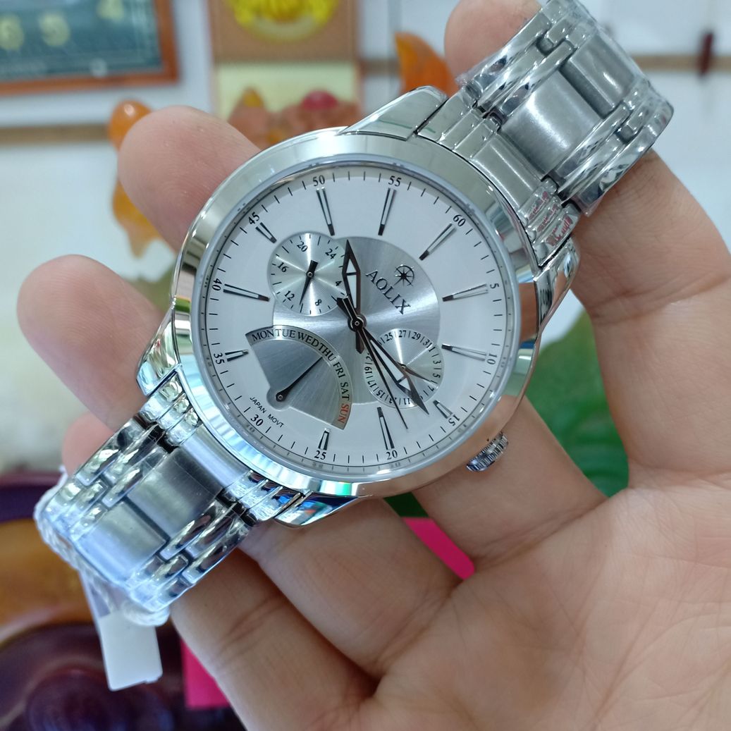 Đồng hồ nam AOLIX AL7061G chạy 6 kim full bạc dáng thể thao kính sapphire chống xước chống nước tốt.