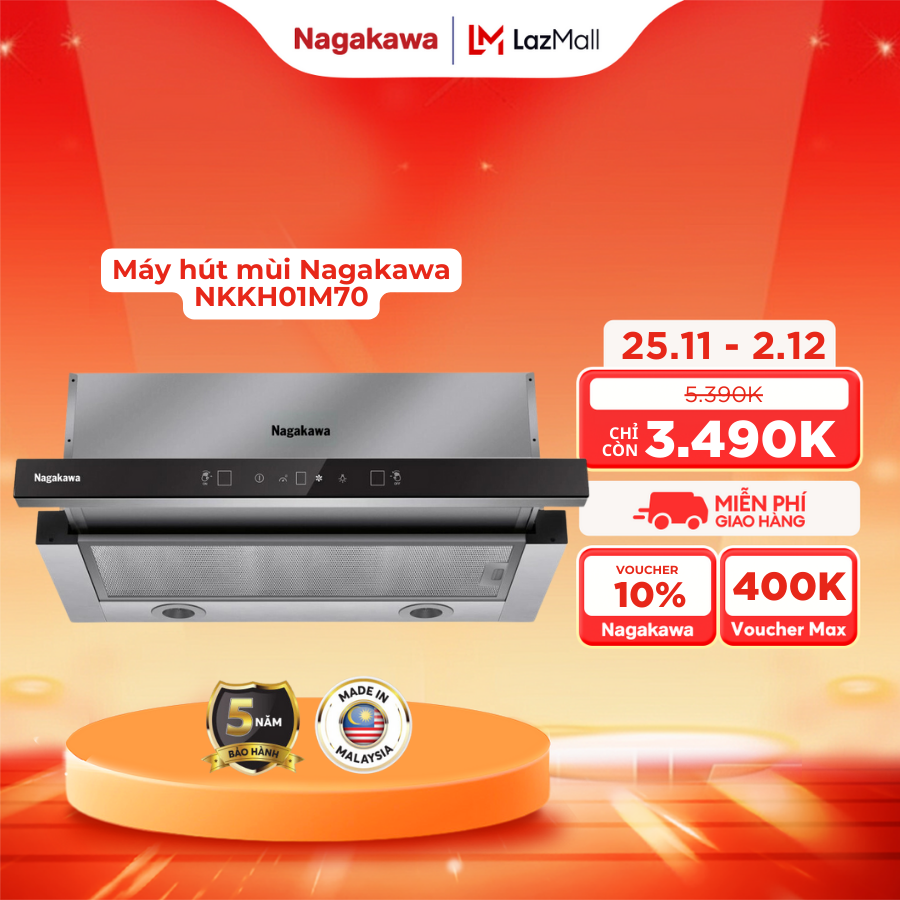 Máy hút mùi Nagakawa NKKH01M70 - 70cm, Bạc/Đen, Tuabin đôi, Hẹn giờ tắt sau 15 phút