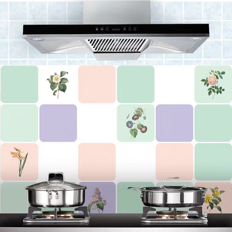 1M Giấy dán bếp khổ rộng 60cm ( có sẵn keo ) - hoa lá ô vuông xanh lá tím MM021