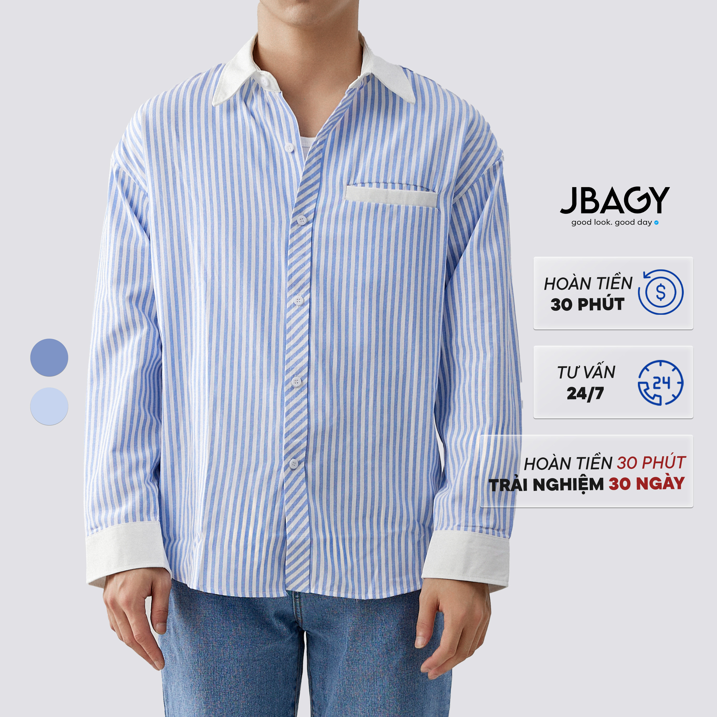 Áo sơ mi kẻ sọc JBAGY tay dài nam nữ dáng rộng phối màu vải cotton thô thoáng mát Shinee thương hiệu JBAGY - JS0702