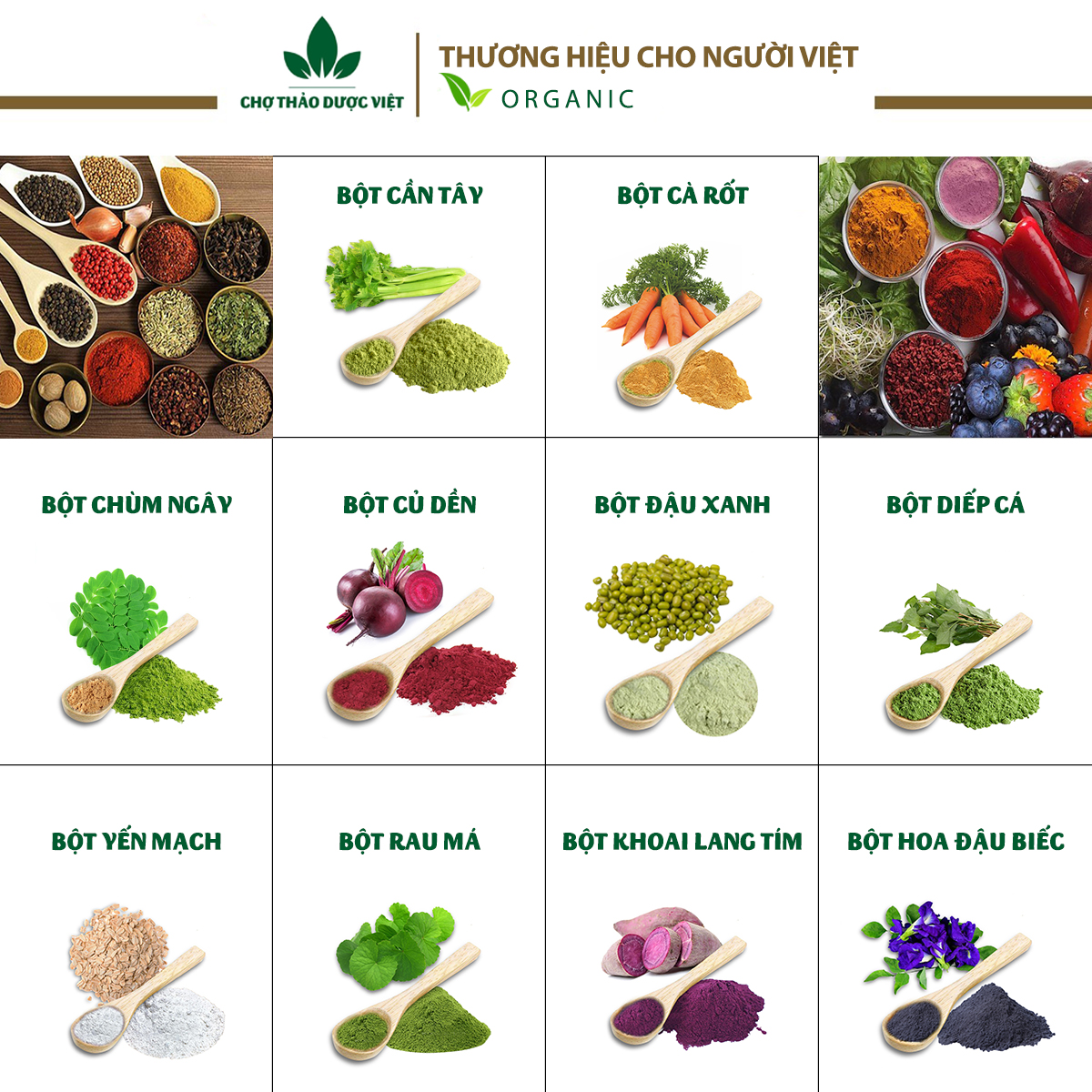 Set 10 loại bột ăn dặm dinh dưỡng hữu cơ (Bột nấu cháo tạo màu hương vị cho món ăn)  - Chợ Thảo Dược Việt