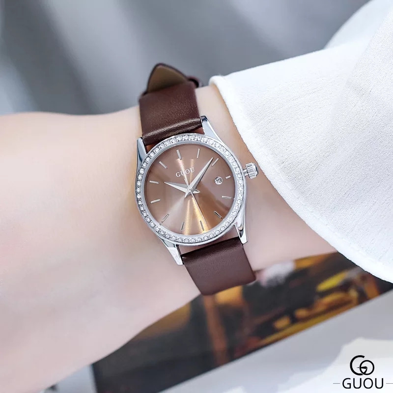 Đồng hồ nữ GUOU 6012 hàng chính hãng mặt viền đá siêu đẹp
