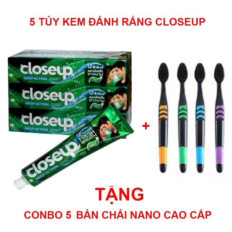 [ Siêu Sale ] Combo 5 Tuýp Kem Đánh Răng Closeup Thái Lan Tặng 5 Bàn Chải Than Hoạt Tính Cao Cấp