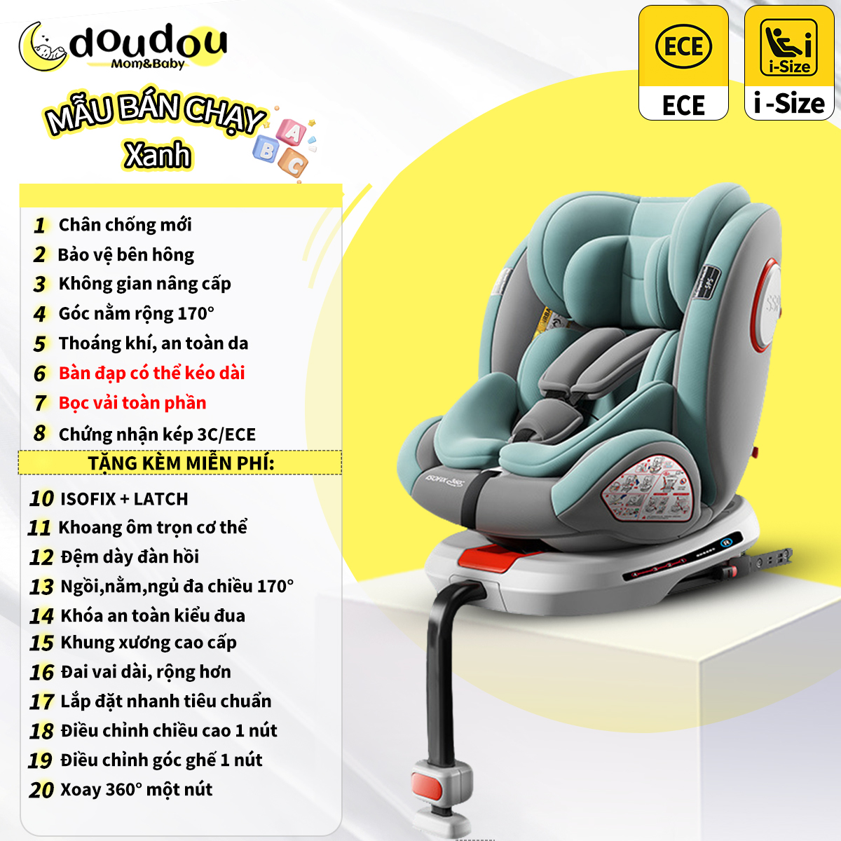Ghế An Toàn Ô Tô Cho Bé Ghế An Toàn Ô Tô Có Gác Chân ISOFIX LATCH Đạt Chuẩn i-Size(ECE R129)&ADAC
