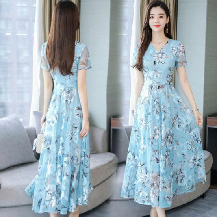 Váy đầm trung niên nữ dáng dài nhiều họa tiết V04 áo đầm kiểu thời trang mùa hè thu đông xuân mặc nh