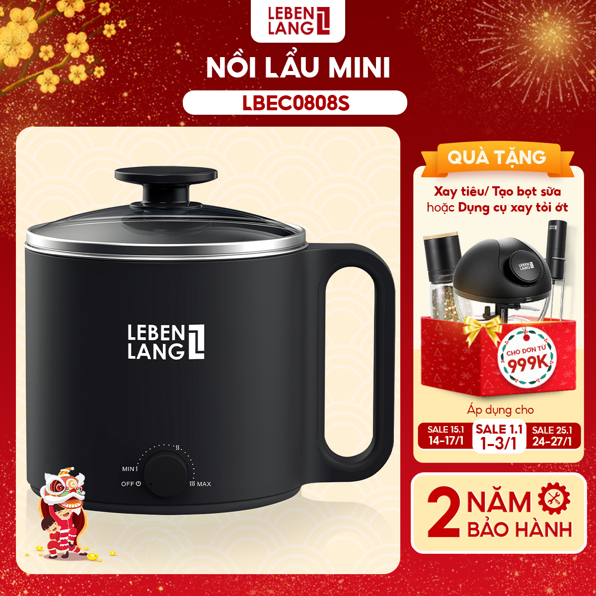 Nồi lẩu điện mini đa năng Lebenlang LBEC0808 1500ml bảo hành 2 năm - hàng chính hãng