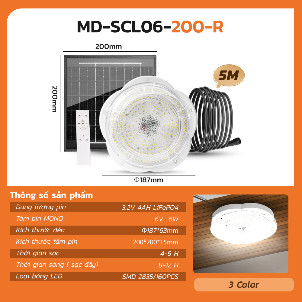 Đèn Ốp Trần Năng Lượng Mặt Trời MODI SOLAR Đèn Led Ốp Trần Cảm Biến Ánh Sáng 3 Màu Sắc Điều Khiển Từ Xa Đèn Led Độ sáng Thích Hợp