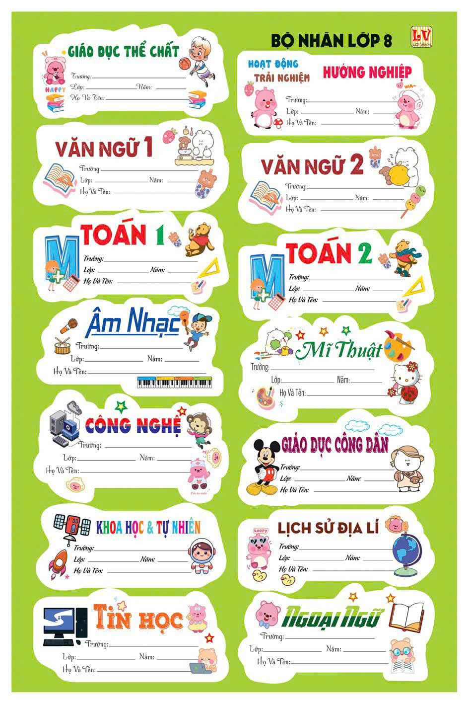 Combo 70 Nhãn Tem Môn Học Lớp 6- 7- 8- 9 ( 70 Nhãn ) Mẫu Và Màu Ngẫu Nhiên
