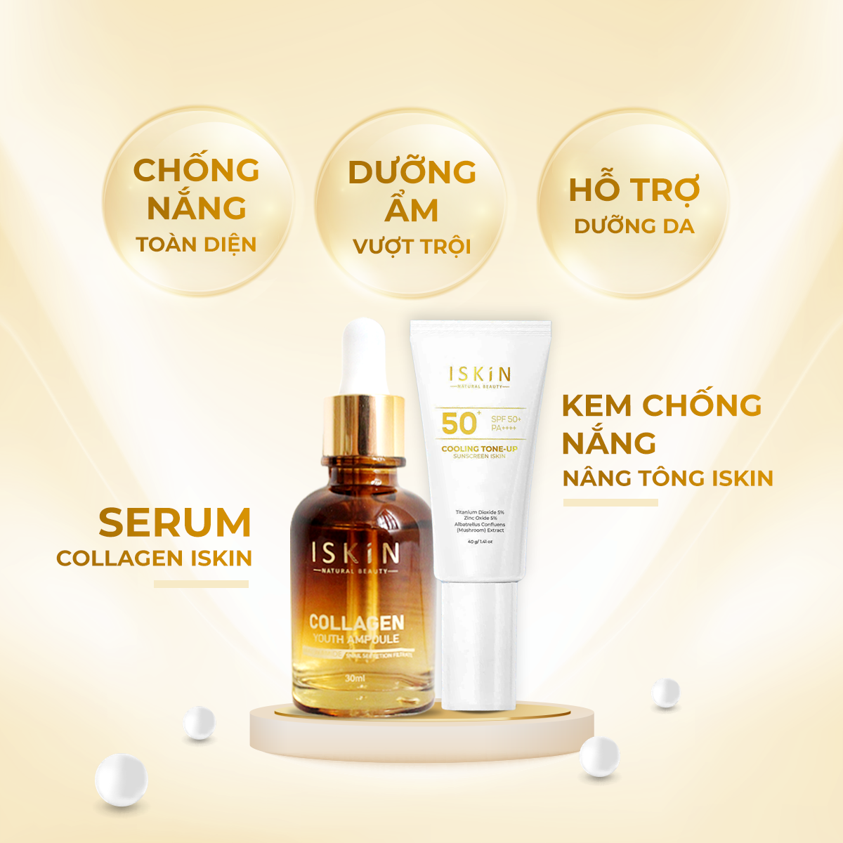 Combo Trắng Da Chống Nắng - Serum Dưỡng Trắng Mờ Thâm Trẻ Hóa Da ISKIN  + 1 Kem Chống Nắng Phổ Rộng 