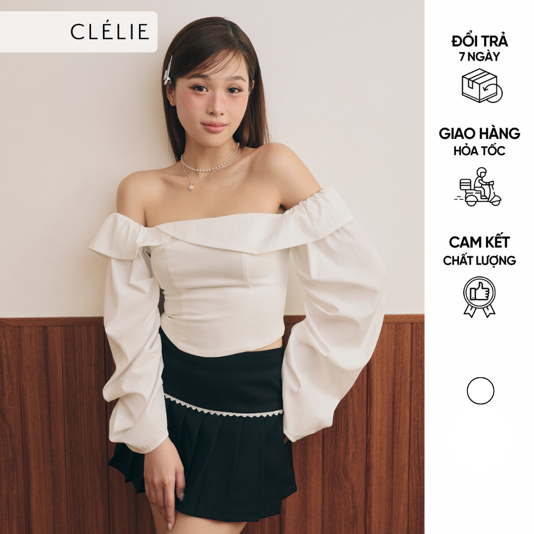 Áo kiểu nữ trễ vai tay dài nhún viền bèo | MIKO TOP - CLÉLIE