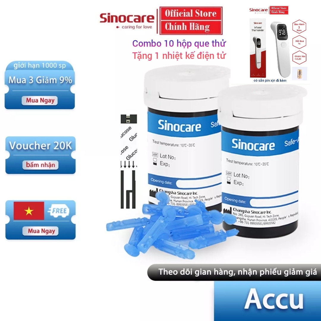 SIÊU RẺ 10 hộp (500 que thử) đường huyết Safe Accu Sinocare hạn sử dụng 2 năm và 10 hộp (500 kim) tặ