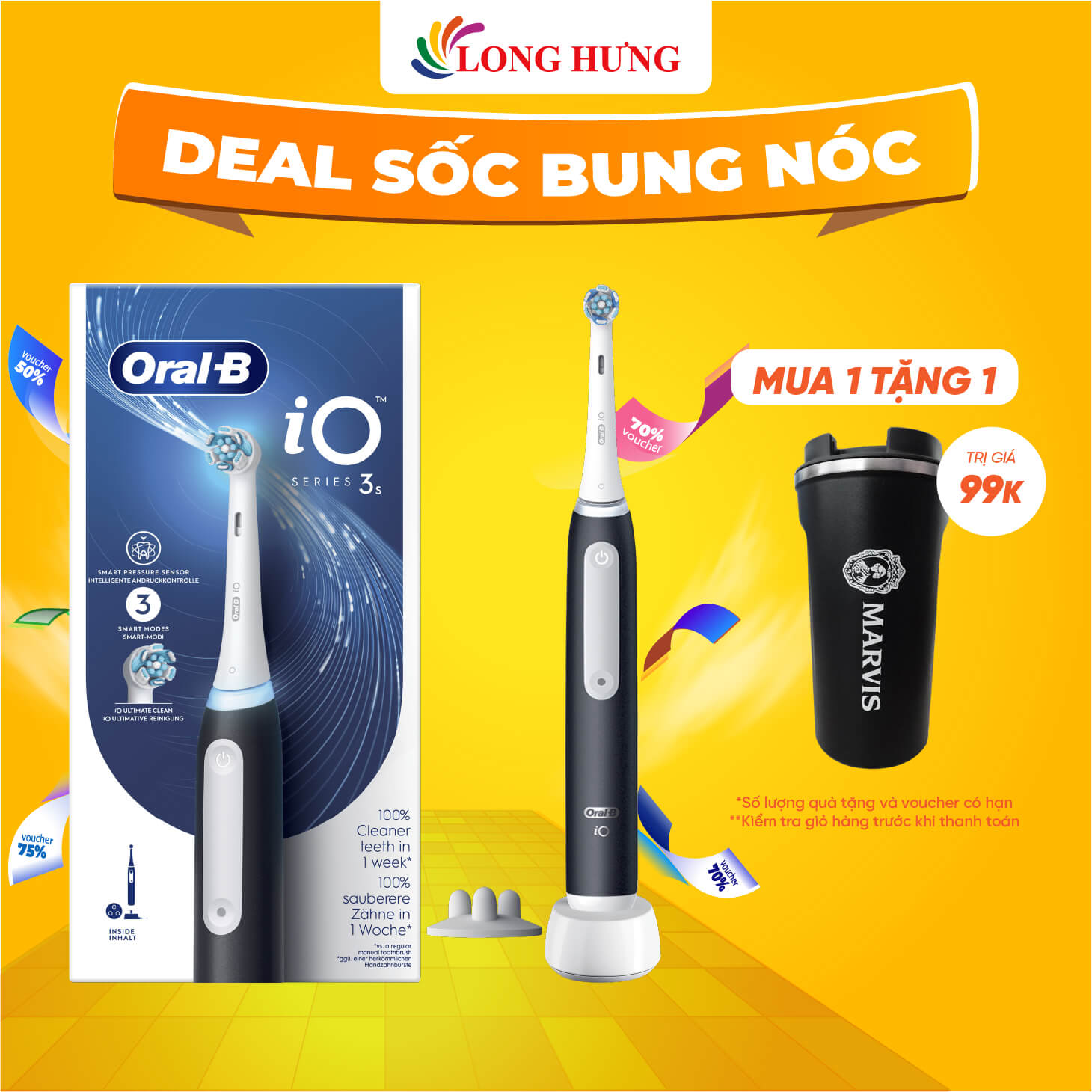 Bàn chải điện Oral-B iO Series 3s - Thiết kế nhỏ gọn thao tác đơn giản 3 chế độ chải vòng màu phát s