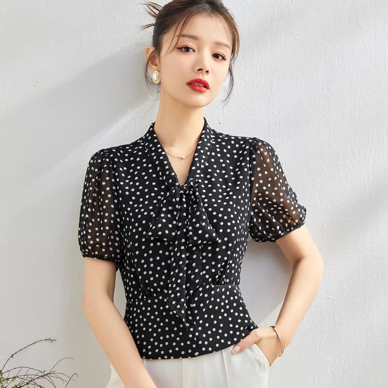 Áo Sơ Mi trung niên nữ HT StoreÁo Sơ Mi Nữ Chấm Bi Tay Ngắn Cổ Nơ